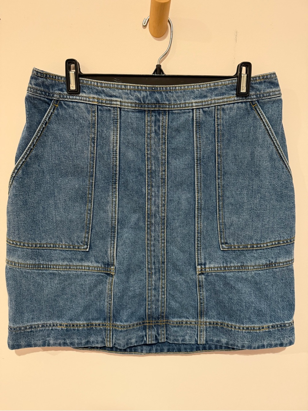 CAbi Blue Denim Mini Skirt with Panel Pockets